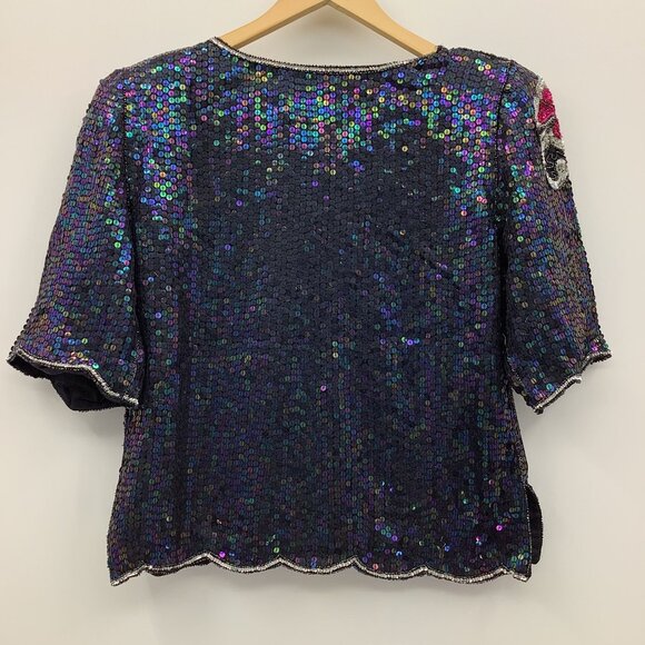 Vintage 80s Elegance by Anujan Black Silk Sequin Floral Blouse Medium NEW - Picture 6 of 7